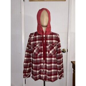 Women's Plaid Columbia Maroon Hooded Shirt Jacket  Sweater Red Botton Down sz L